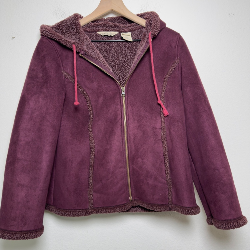 L.L. Bean Women Jacket Medium P Purple Faux Suede Sherpa Lined Hooded Full Zip